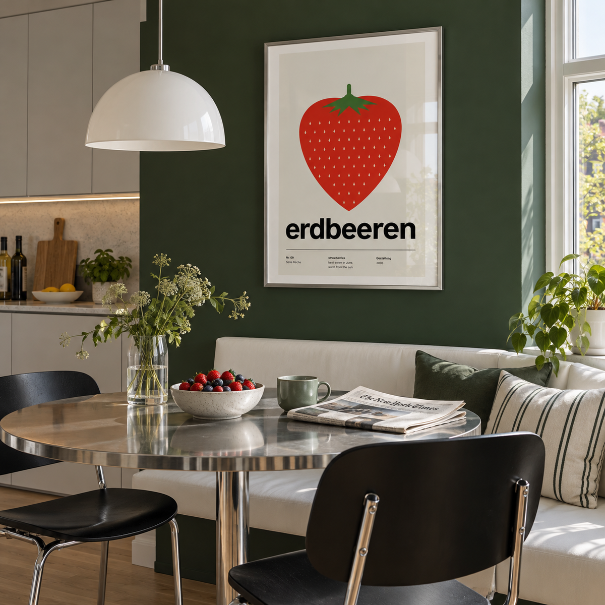 Swiss style strawberry typography print in a breakfast room against a green wall