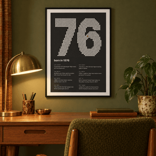 Dotted 1976 birth year print with one red dot in a bright home interior