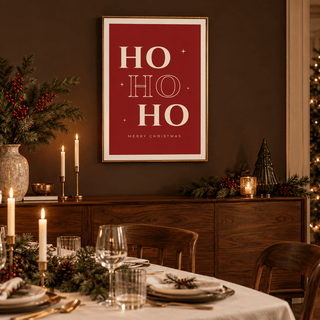 Festive red Santa laugh print in a dining sideboard at Christmas