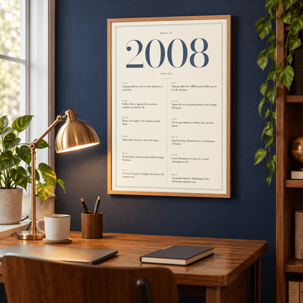 Refined 2008 print with twelve monthly moments in a bright home interior