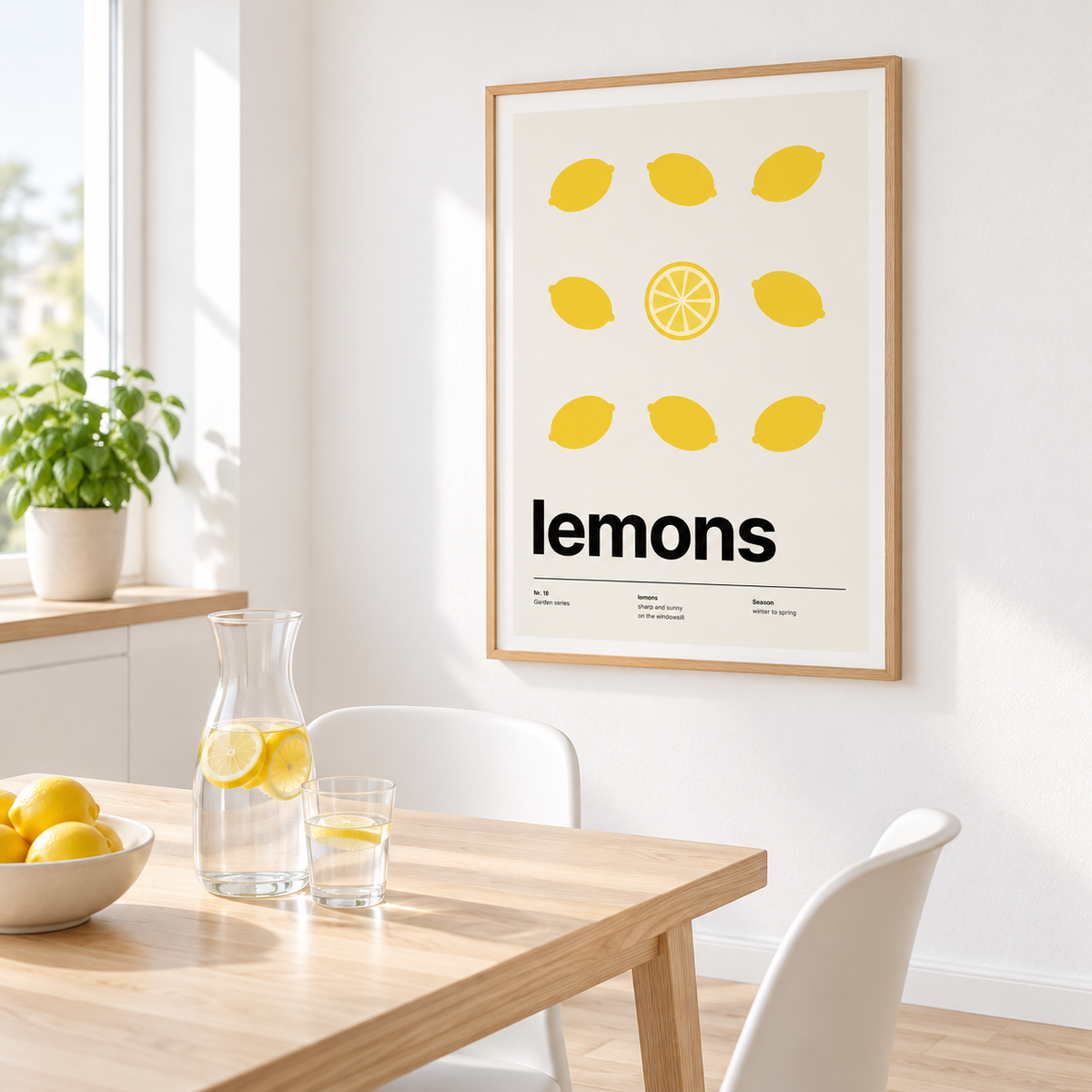 Lemons with one cut in half above a dining table with lemon water