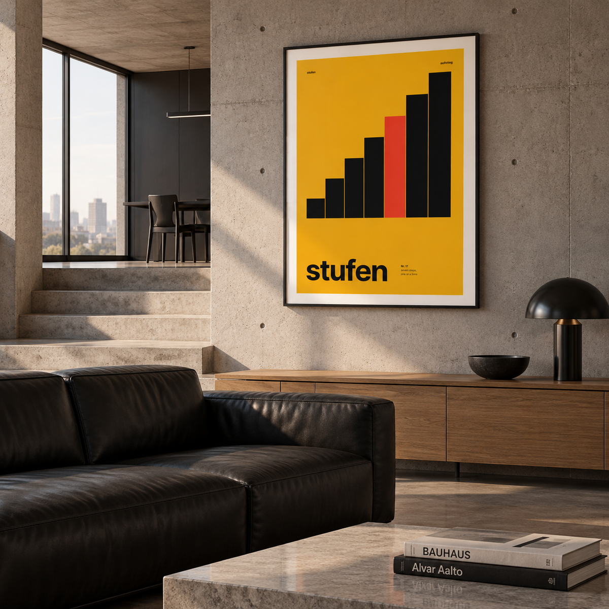 Swiss style bar chart print above a sofa in a living room