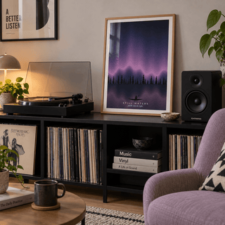 Lone canoe under the aurora print in a music corner
