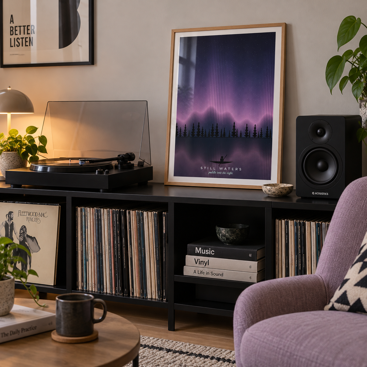 Lone canoe under the aurora print in a music corner