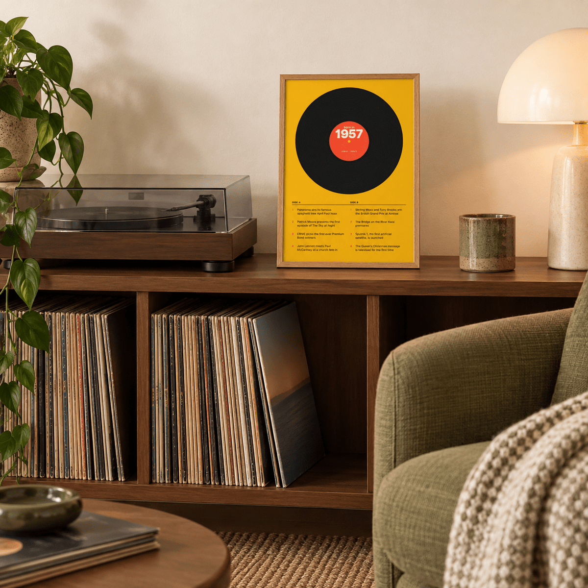 Retro 1957 print with a two sided tracklist in a bright home interior