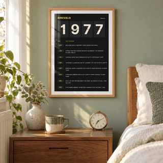 Black and amber 1977 birth year board print in a bright home interior