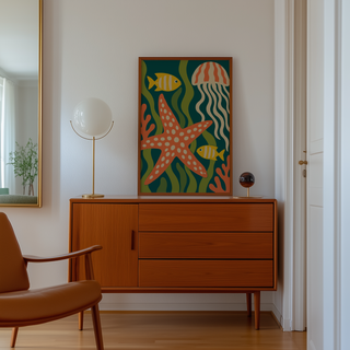 Cut paper starfish, coral and seaweed print above a mid century sideboard in a hallway