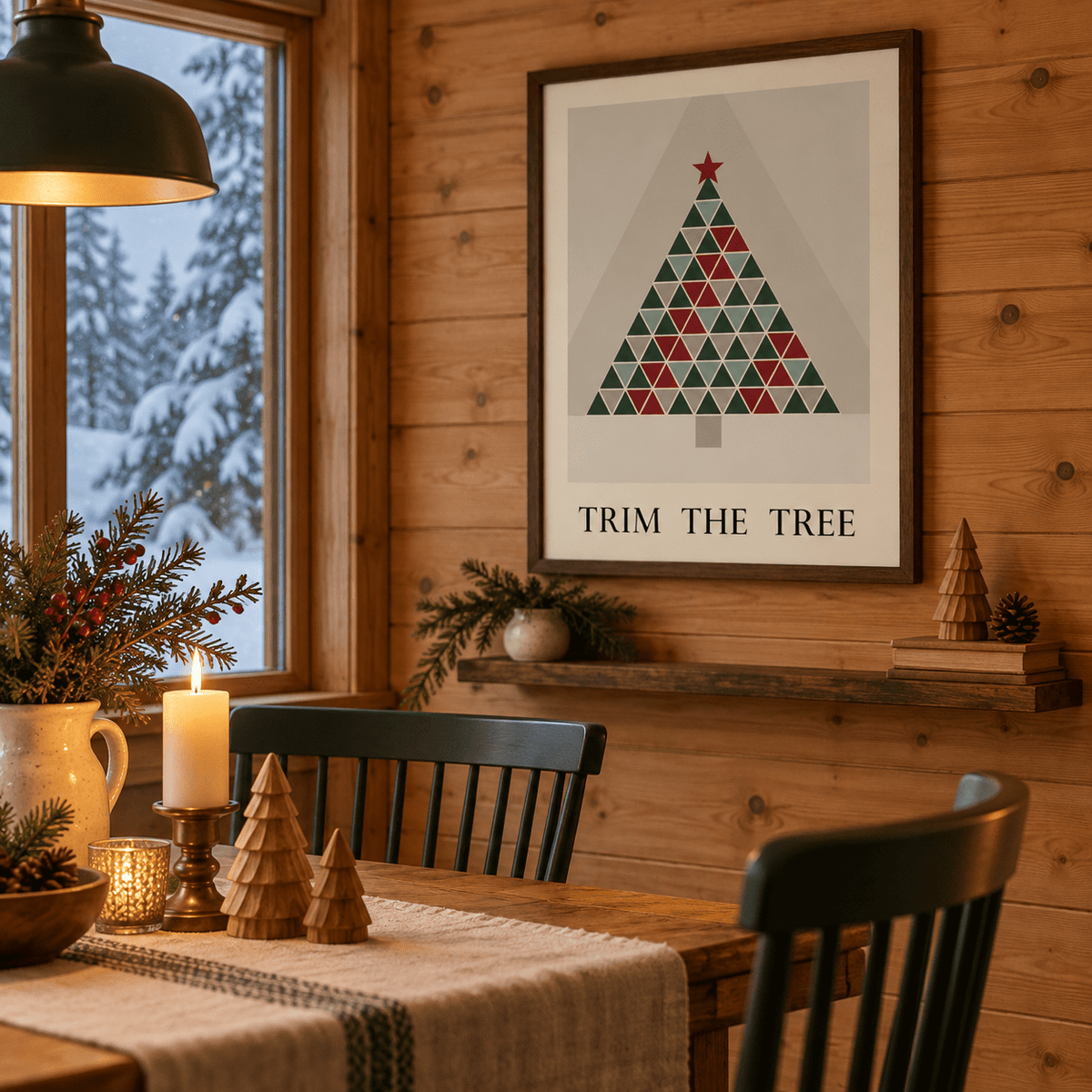 Red and green quilt tree print in a cabin dining room at Christmas
