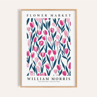 William Morris tulip decor print featuring soft pink flowers and green leaves