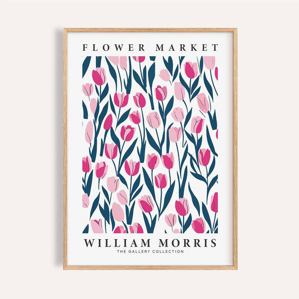 William Morris tulip decor print featuring soft pink flowers and green leaves