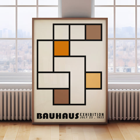 Modern geometric artwork inspired by Bauhaus with bold shapes and vibrant colours