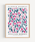 Vintage-inspired William Morris poster featuring pink tulips
