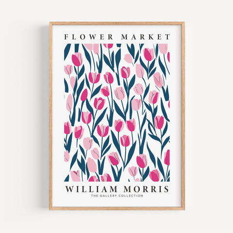 Vintage-inspired William Morris poster featuring pink tulips
