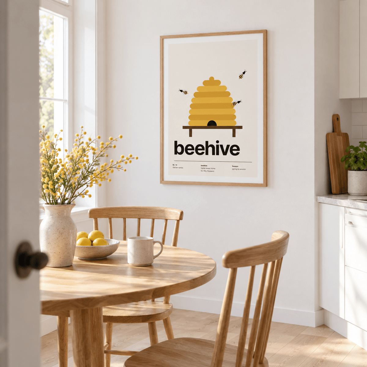 Swiss style bee skep print above a round table in a dining room