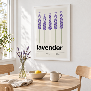 Swiss style lavender print above a table in a breakfast corner