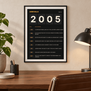 Black and amber 2005 birth year board print in a bright home interior
