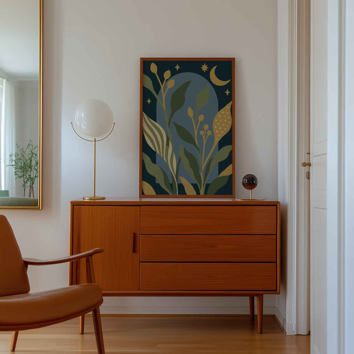 Cut paper seed heads and stars print above a mid century sideboard in a hallway
