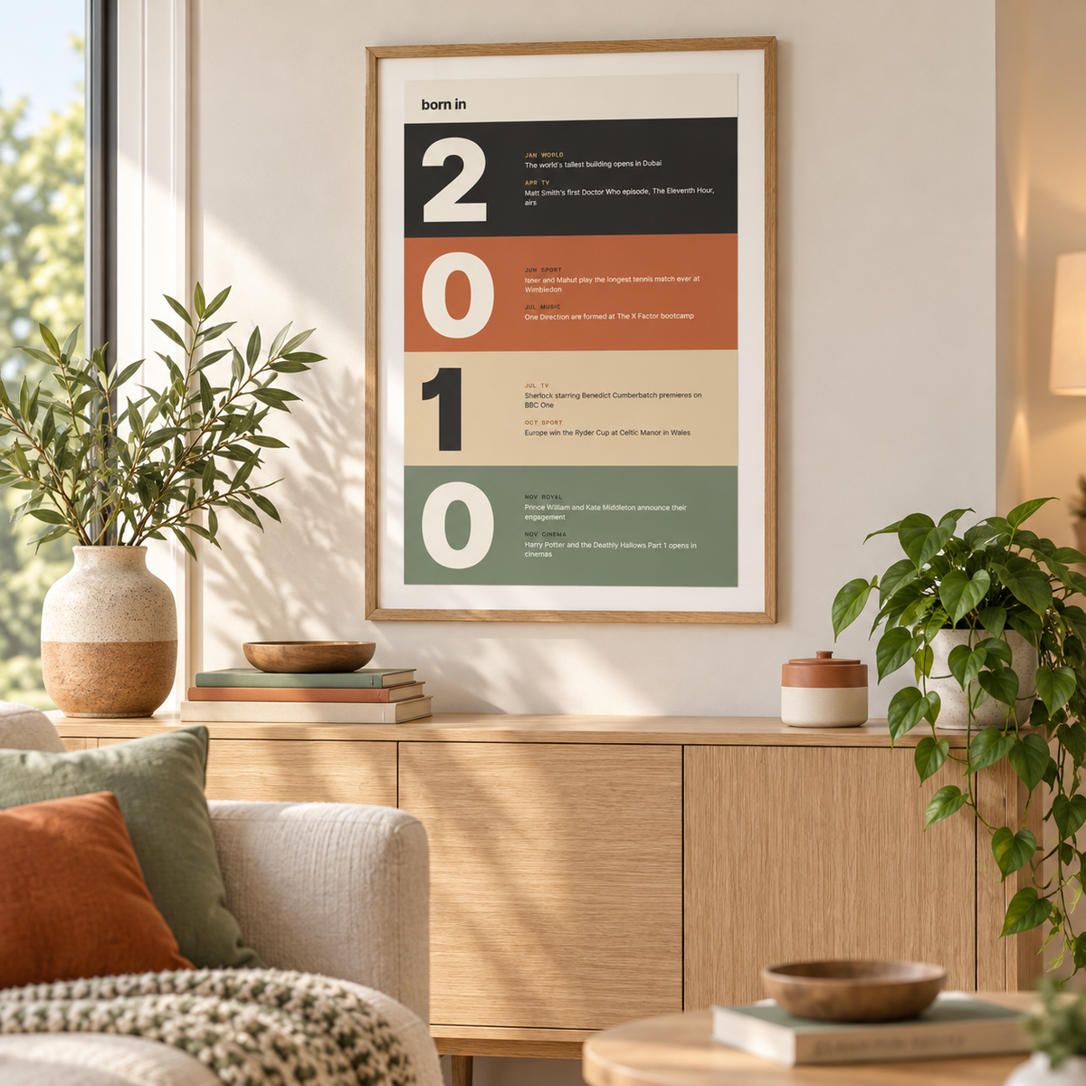 Stacked year print of 2010 in warm earth tones in a bright home interior