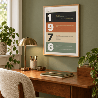 Stacked year print of 1976 in warm earth tones in a bright home interior