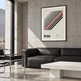 Swiss style line typography print above a sofa in a living room