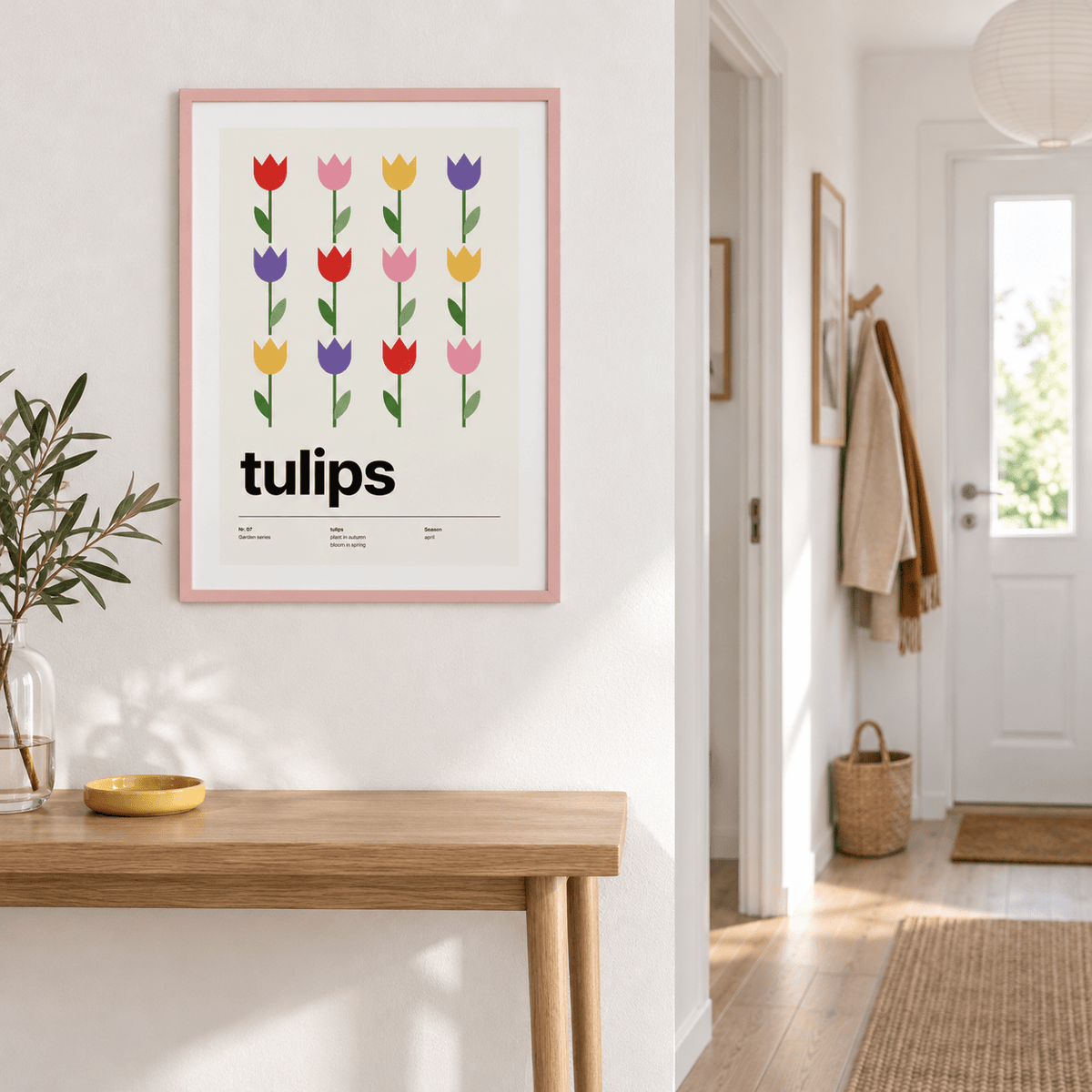 Swiss style tulip grid print above a console in an entrance hall