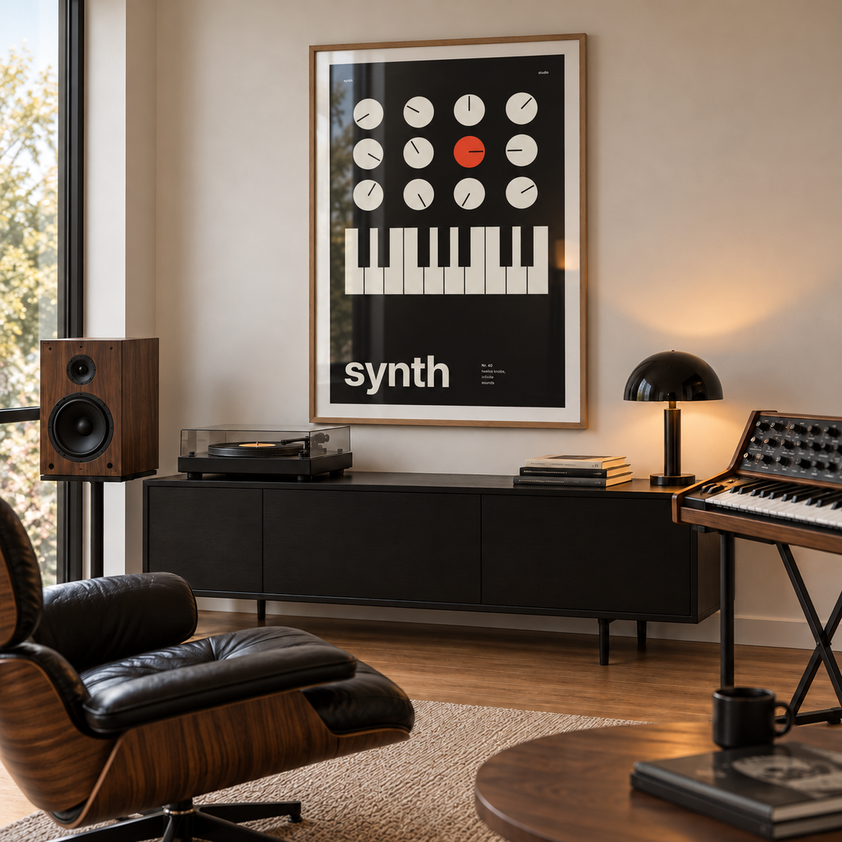 Swiss style synthesiser print in a mid century listening room