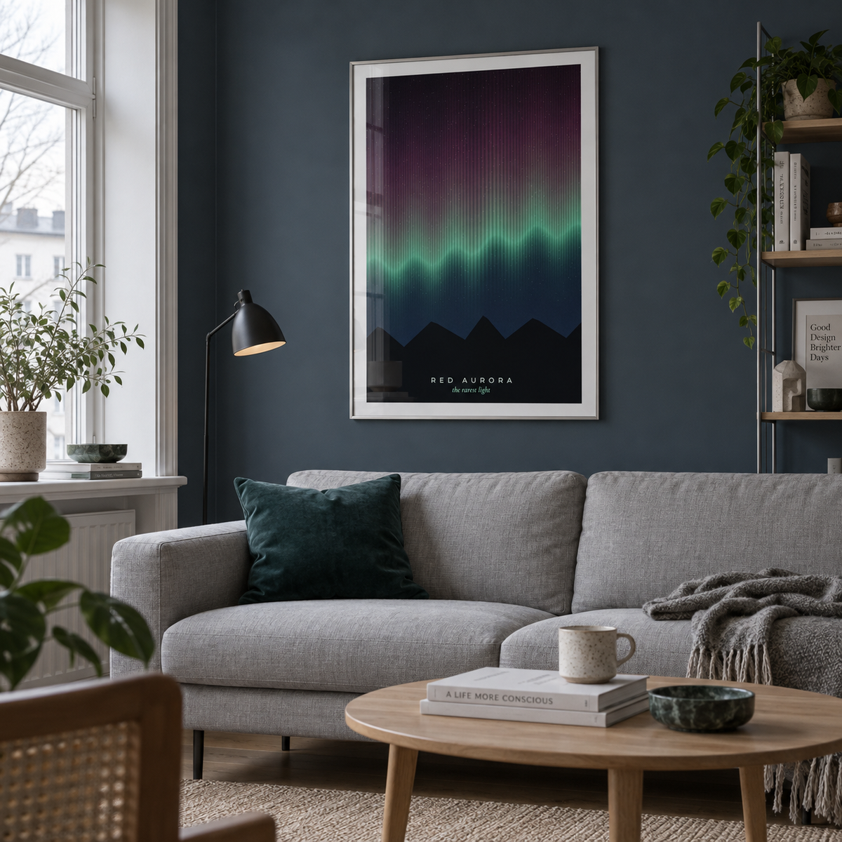 Crimson and green northern lights print in a living room against a blue wall