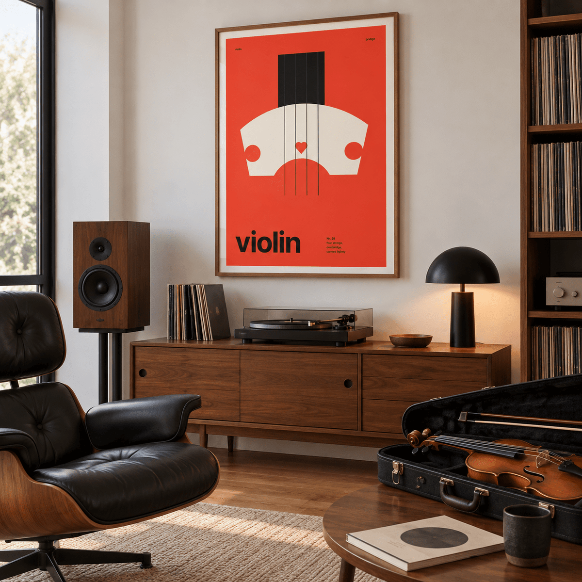 Swiss style violin print in a mid century listening room