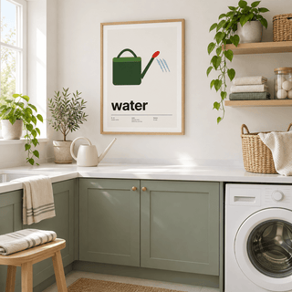 Swiss style watering can print on the wall of a bright utility room
