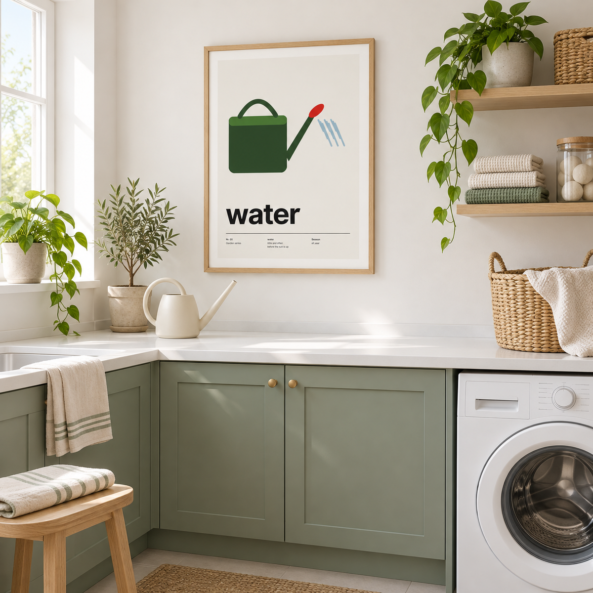 Swiss style watering can print on the wall of a bright utility room
