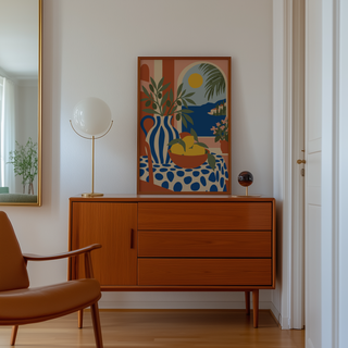 Cut paper summer interior print above a mid century sideboard in a hallway