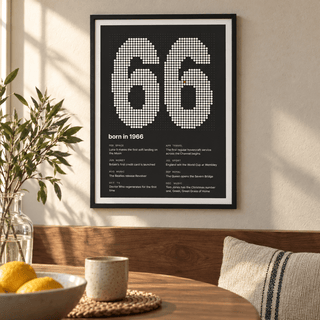 Dotted 1966 birth year print with one red dot in a bright home interior