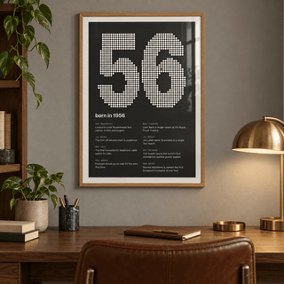 Dotted 1956 birth year print with one red dot in a bright home interior