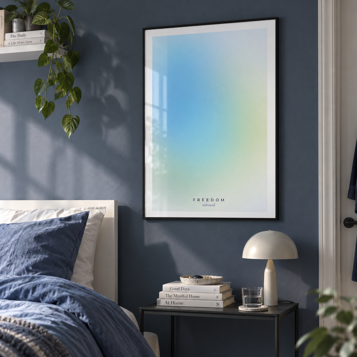 Soft blue to lime green gradient print in a bedroom against a slate blue wall
