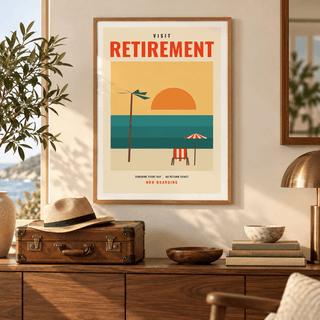 Retro retirement destination print above a sideboard beside a vintage suitcase