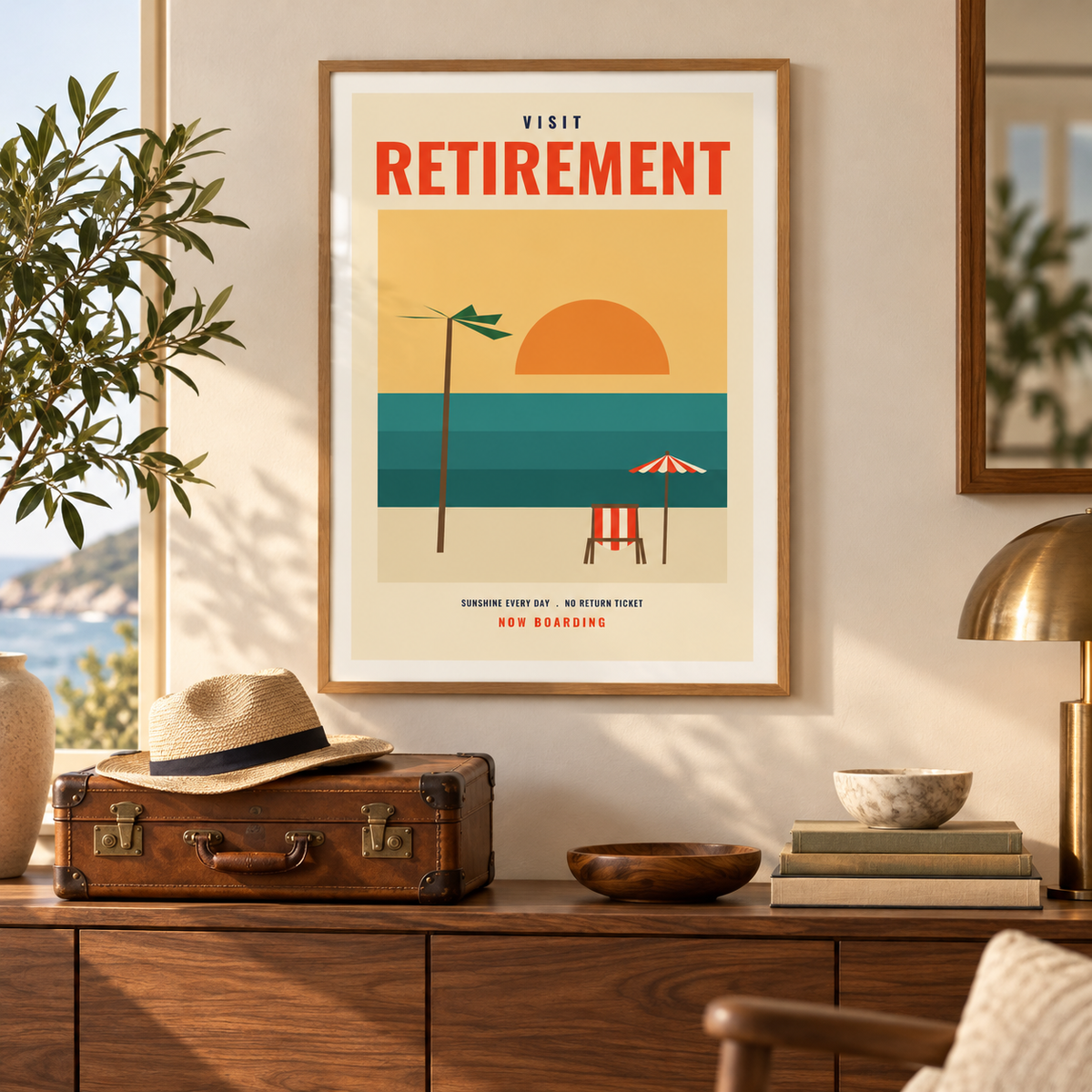 Retro retirement destination print above a sideboard beside a vintage suitcase