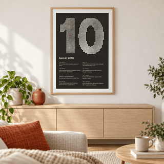 Dotted 2010 birth year print with one red dot in a bright home interior