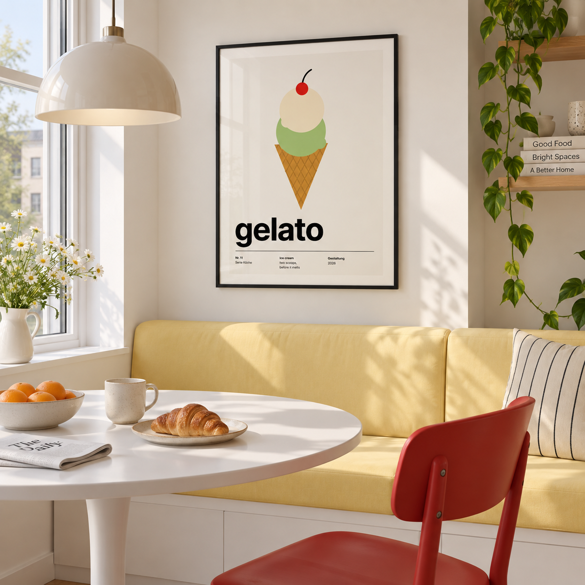 Swiss style ice cream typography print in a breakfast nook against a yellow wall
