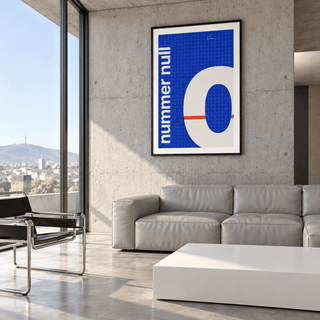 Swiss style number poster above a sofa in a living room