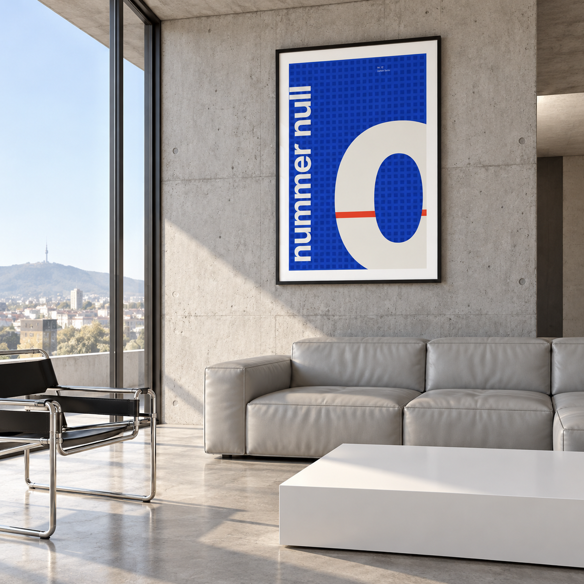 Swiss style number poster above a sofa in a living room