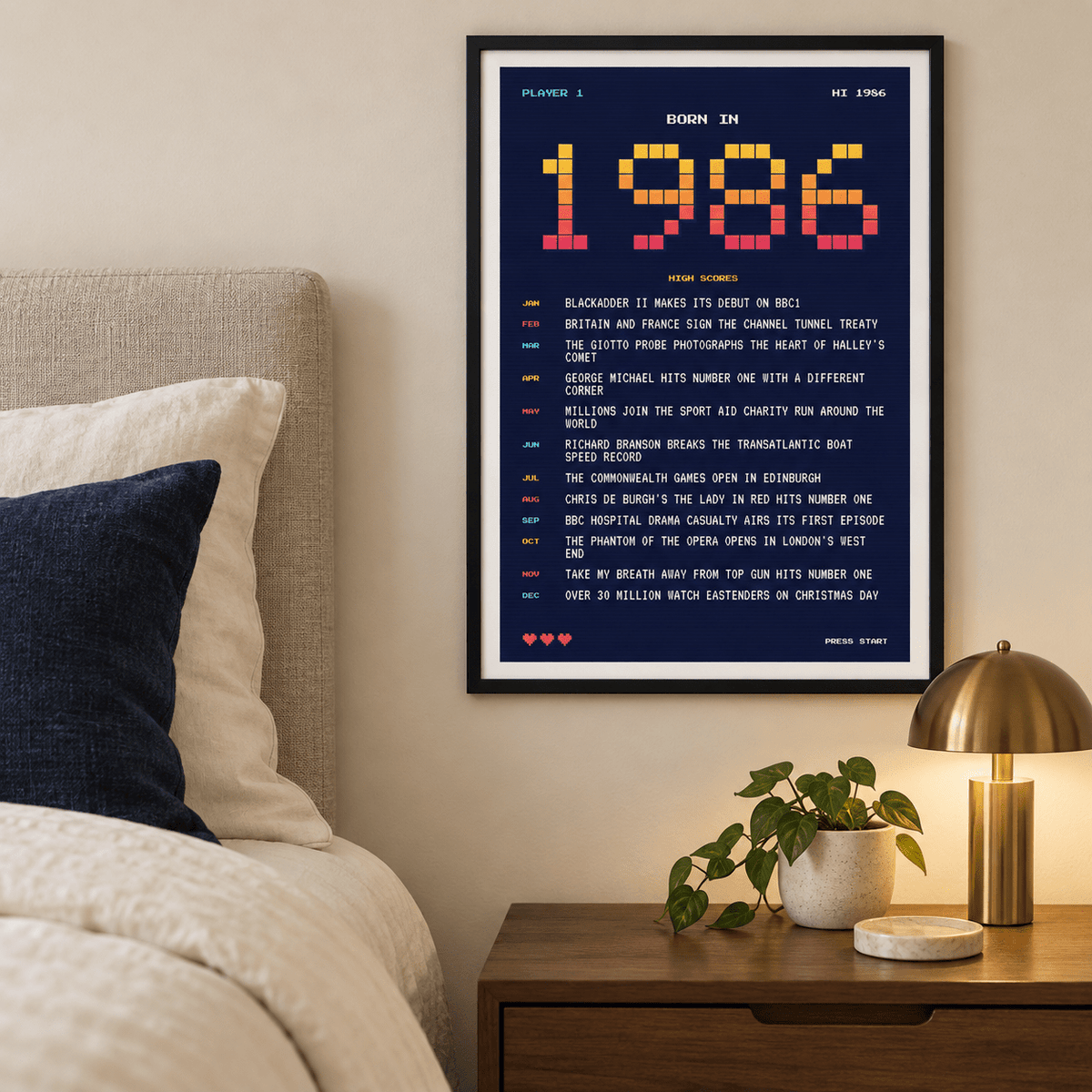 Retro gaming style 1986 birth year print in a bright home interior