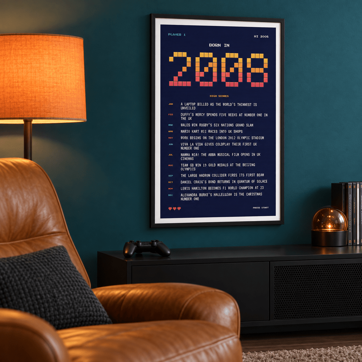 Retro gaming style 2008 birth year print in a bright home interior