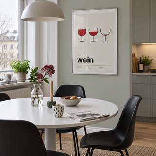 Minimal wine glass typography print in a dining kitchen against a sage wall
