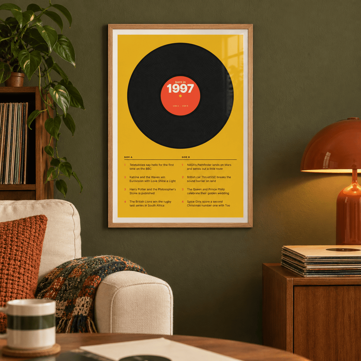 Retro 1997 print with a two sided tracklist in a bright home interior