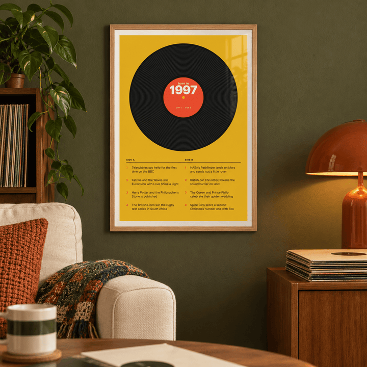 Retro 1997 print with a two sided tracklist in a bright home interior