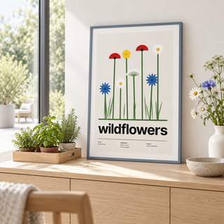 Swiss style wildflower meadow print beside a window that looks onto the garden