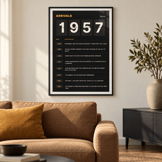 Black and amber 1957 birth year board print in a bright home interior