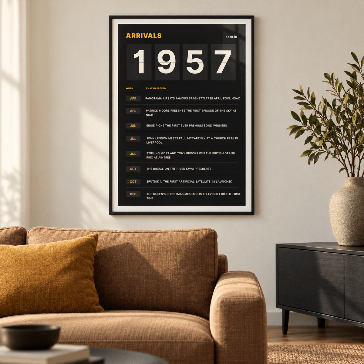Black and amber 1957 birth year board print in a bright home interior