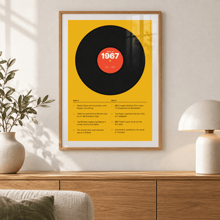 Retro 1967 print with a two sided tracklist in a bright home interior