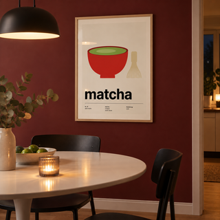 Swiss style matcha typography print in a wine dining room against a red wall